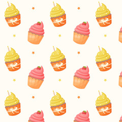 seamless pattern with cupcake and stars