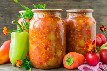 Canned eggplant and bell peppers in tomato sauce. Eggplant and pepper salad in tomato sauce