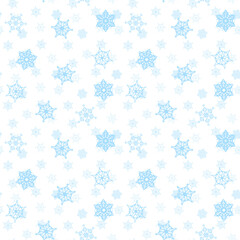 Little filligree watercolor snowflakes in blue colors on white background. Hand drawn painted aquarelle illustrated seamless pattern for wrapping paper and cards for New year, christmas and X-mas 