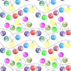 Naklejka na ściany i meble Hand drawn seamless pattern with lots of multicolored christmas tree balls for decoration x-mas and new year cards, invitations, web design. Aquarelle garland illustration on white background.