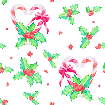 Watercolor hand drawn tasty candy cane with red and white stripes with holly leaves, bow and red berries as seamless pattern on white background.Aquarelle design element for X-mas and New year cards