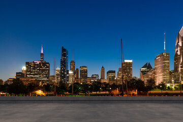 Skyscrapers Cityscape Downtown, Chicago Skyline Buildings. Beautiful Real Estate. Night time. Empty...