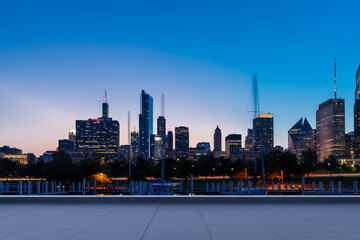 Skyscrapers Cityscape Downtown, Chicago Skyline Buildings. Beautiful Real Estate. Night time. Empty...