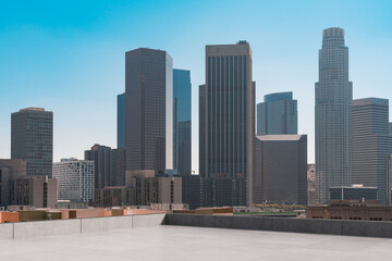 Obraz premium Skyscrapers Cityscape Downtown, Los Angeles Skyline Buildings. Beautiful Real Estate. Day time. Empty rooftop View. Success concept.