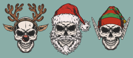 Set Christmas skulls colorful emblems