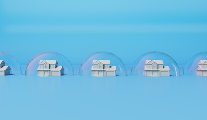 Housing bubble concept. White home in a transparent bubble. Property crisis. 3D Rendering