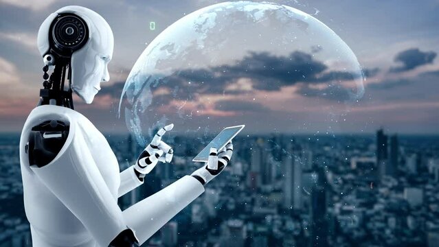 Futuristic robot artificial intelligence huminoid AI programming coding technology development and machine learning concept. Robotic bionic science research for future of human life. 3D rendering.