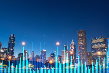 Fototapeta na wymiar Skyscrapers Cityscape Downtown View, Chicago Skyline Buildings. Beautiful Real Estate. Night time. Forex Financial graph and chart hologram. Business education concept.