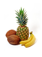 Pineapple coconut and banana tropical fruits isolated on white background.