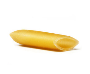 Single raw penne pasta isolated on white background