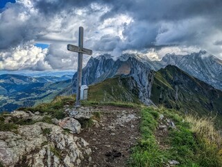 hiking in the beautiful swiss mountains. Lutispitz above Wildhaus in Toggenburg. View of the Santis Alpstein. High quality photo