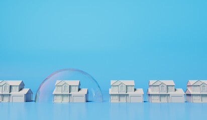 Housing bubble concept. White home in a transparent bubble. Property crisis. 3D Rendering