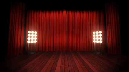 Virtual studio, music stage background, with spotlights and red curtains. A 3D render, Ideal for live performances shows or events. A graphics backdrop suitable on VR system sets, with green screen