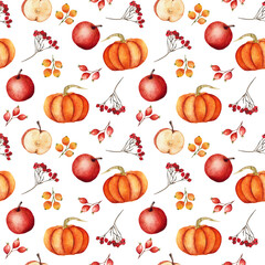 Seamless pattern with pumpkins, rose hips, rowan and apples.