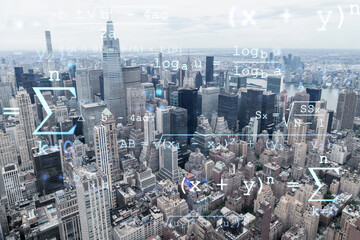 Fototapeta na wymiar Aerial panoramic city view of Upper Manhattan area, the East Side, river and Brooklyn on horizon, New York, USA. Technologies and education concept. Academic research, top ranking university, hologram