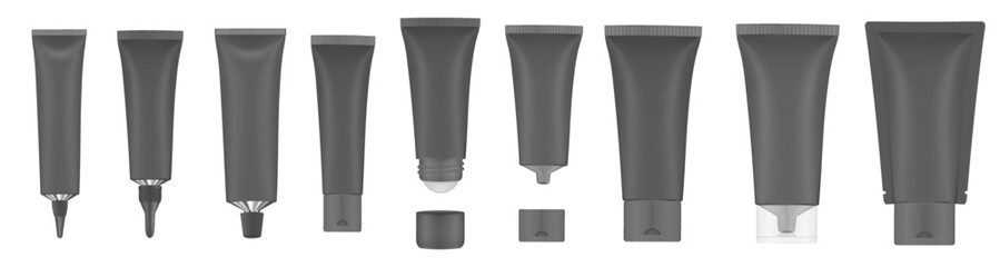 Set of black tubes and bottles. Roller ball tube. Open and closed blank tubes with screw cap. Realistic mockup. Long nozzle tube. Ointment or salve. Gel serum. Korean packaging