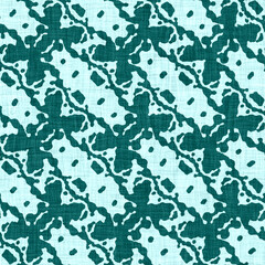 Naklejka na ściany i meble Coastal living aegean teal green broken dyed washed mottled speckle seamless pattern. Rustic marine beach house style home decor textile background. Faded blur irregular shape linen cloth fabric.