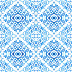 Seamless watercolor pattern. Blue and white print. Grunge paper texture. Tile ornament.