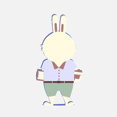Business bunny in clothes flat design. Cartoon vector illustration of a little rabbit wearing suit and holding a coffee and a folder isolated on a grey background.