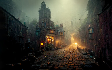 Fototapeta premium Halloween concept pathway to fantasy village.Old haunted abandoned house background.3d render.