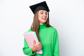 Young student caucasian woman isolated on white background laughing