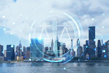 New York City skyline, United Nation headquarters over the East River, Manhattan, Midtown at day time, NYC, USA. Glowing hologram legal icons. The concept of law, order, regulations, digital justice