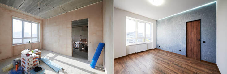 Comparison of old room with building tools and new renovated room. Photo collage of apartment...