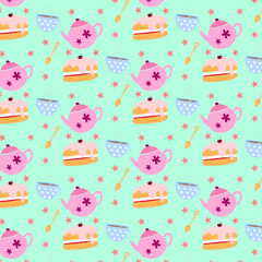 tea time pattern - seamless pattern with teapot, teacup, teaspoon and cake