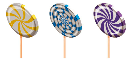 Set of Lollipop Swirl Candy Spiral Isometric. Sweet spiral striped caramel, on stick, vector cartoon style