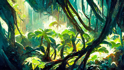 Tropical Rainforest Landscape Tropical forest in the  3D illustration