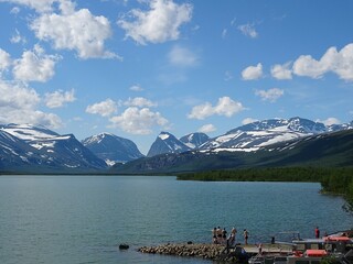 Lake in the mountains with views over Kebnekaise in norther arctic Sweden in July © John N