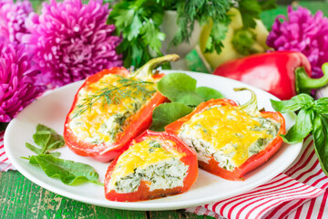 Stuffed bell pepper. Bell pepper with cottage cheese and herbs. Baked pepper stuffed with cottage cheese and herbs