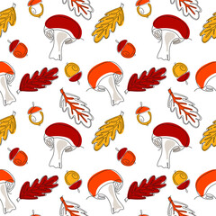 Mushrooms, acorns and oak leaves drawn in one continuous line, autumn line art seamless pattern