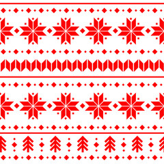 Vector Merry Christmas seamless background with traditional ugly sweater pattern. Winter red endless backdrop, season Xmas decoration with snowflakes, Christmas trees.