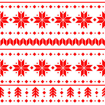 Vector Merry Christmas seamless background with traditional ugly sweater pattern. Winter red endless backdrop, season Xmas decoration with snowflakes, Christmas trees.