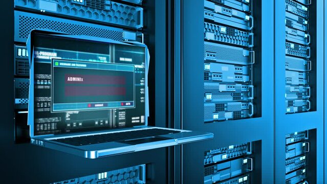 Password Cracked Warning Error Alert Text on Computer Screen Entering Login And Password on server racks data center room Internet cyber crime. Security Password Protection, Safe privacy Concept