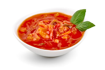 Hungarian lecho of tomatoes and sweet paprika, isolated on white background.