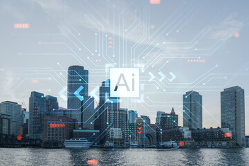 Panorama city view of Boston Harbor at day time, Massachusetts. Financial downtown. Hologram of Artificial Intelligence concept. AI and business, machine learning, neural network, robotics
