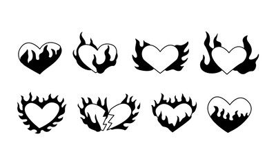 Set of flaming hearts in y2k, 00s, 90s style. Tattoo vector illustration on isolated backgound. Black and white. 