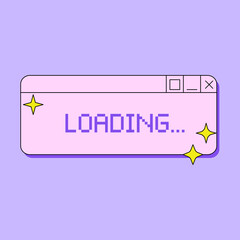 Retro digital screen user interface in y2k style. Old computer window with pixel text loading and stars. Vector illustration in retrowave aesthetic