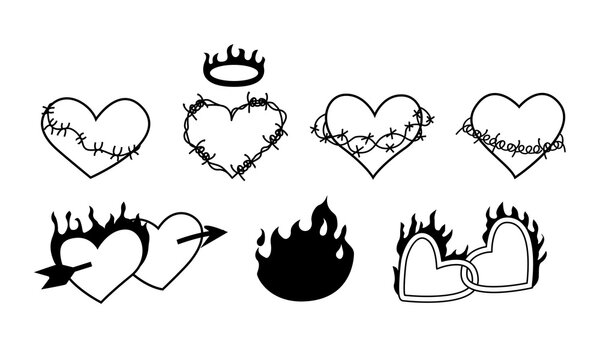 Set of flaming hearts in y2k, 00s, 90s style. Tattoo vector illustration on isolated backgound. Black and white. 