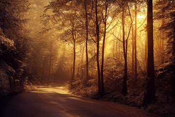 The road in the forest. Sunny morning. Tranquil nature scene background.3d render.