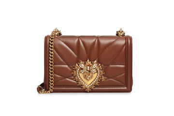 Women's brown Leather bag Handbag Isolated on White Background. Cross body bag with golden heart clasp, chain strap. Front top view. Template, mock up