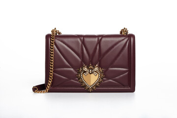 Women's burgundy Leather bag Handbag Isolated on White Background. Cross body bag with golden heart clasp, chain strap. Front top view. Template, mock up