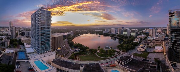 Aerial view of a sunrise over lake Eola in Orlando