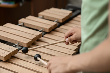 Hands of a young musician playing sticks on a wooden musical instrument xylophone, close-up,...