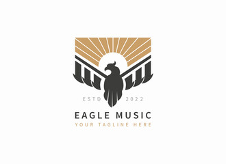 Music Logo. Black and Gold Eagle and Piano Icon isolated on White Background. Usable for, Teaching, Business and Branding Logos. Flat Vector Logo Design Template Element