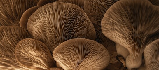 Closeup of large, light brown oyster mushrooms under gentle lighting in a forest - obrazy, fototapety, plakaty