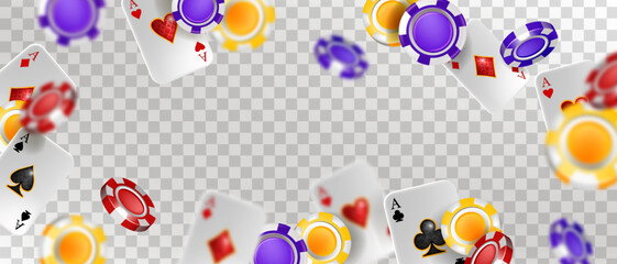 Casino vector background, VIP poker gambling game poster, flying chips, playing cards Vegas banner. Online blackjack lucky frame, success transparent illustration. Entertainment casino background