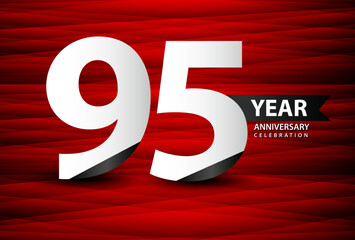 95 Year Anniversary Celebration Logo Vector On Red Background, 95 Number Design, 95th Birthday Logo, Logotype Number, Vector Anniversary For Celebration, Invitation Card, And Greeting Card